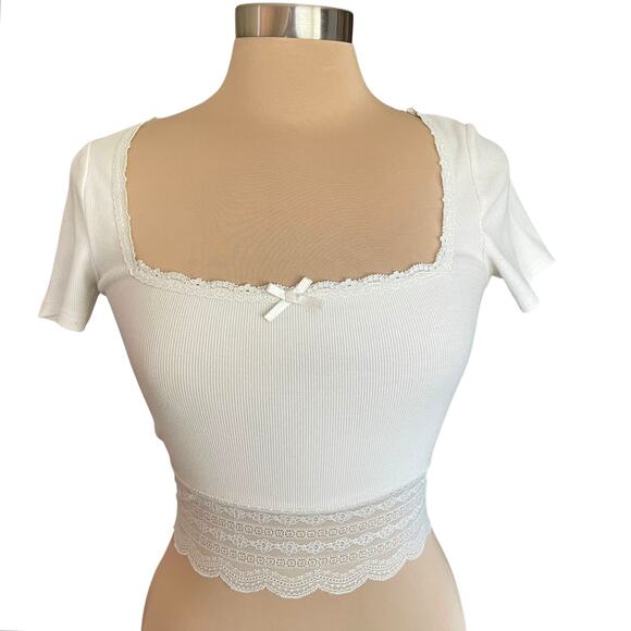 Y2K Babydoll Rib Knit Tee Lace Trim SMALL Bella Coquette Milk Maid Casual Summer - Picture 1 of 6